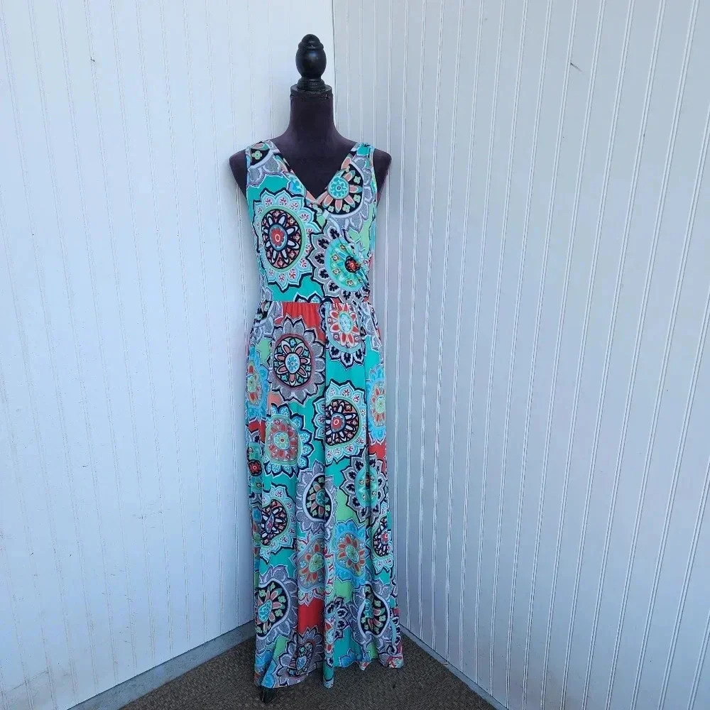 ZATTCAS Women Multicolor Geo Floral Sleeveless Maxi Dress Pockets Stretch Aqua L